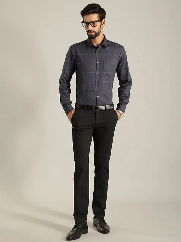 Indian Terrain Men's Slim Fit Full Sleeve Checkered Dark Grey Shirt